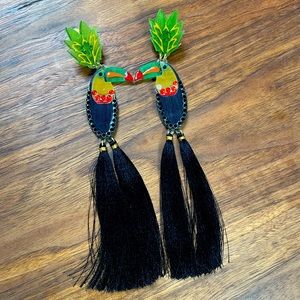 Mercedes Salazar bird tasseled Gold Plated resin earrings clip on